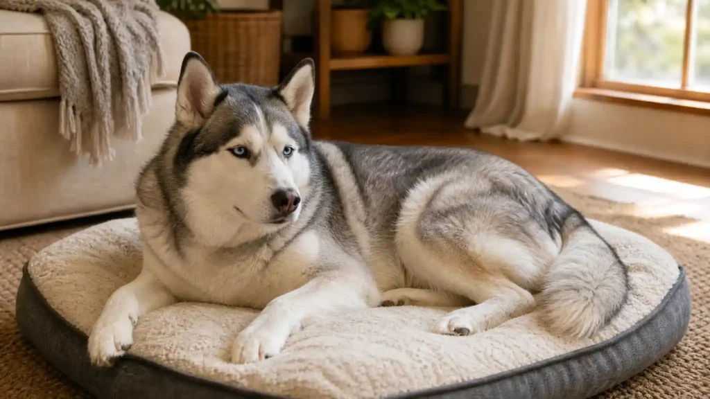 Calm Husky resting on a dog bed indoors
