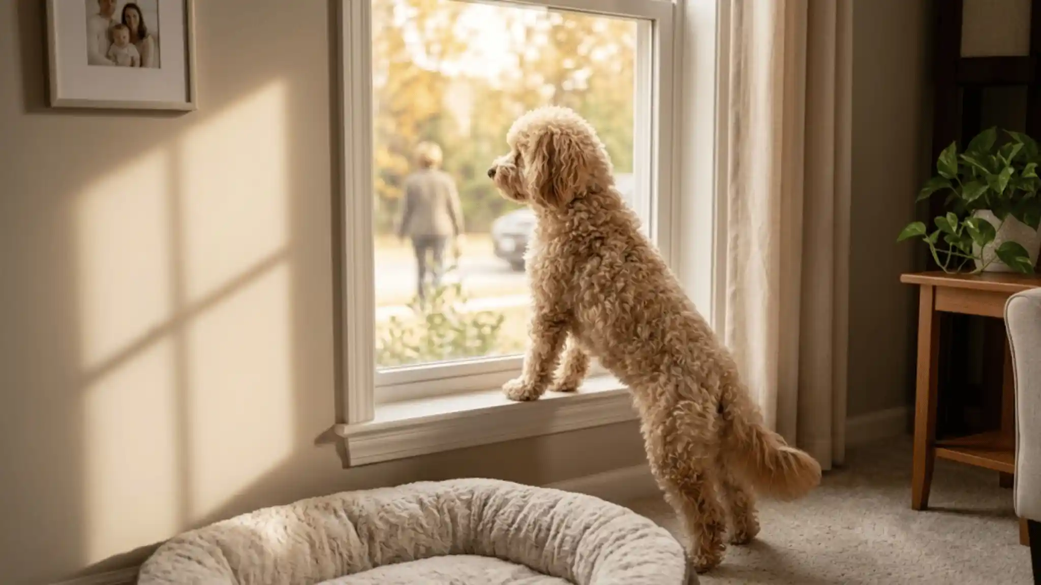 Toy Poodle watching owner leave through the window, separation anxiety