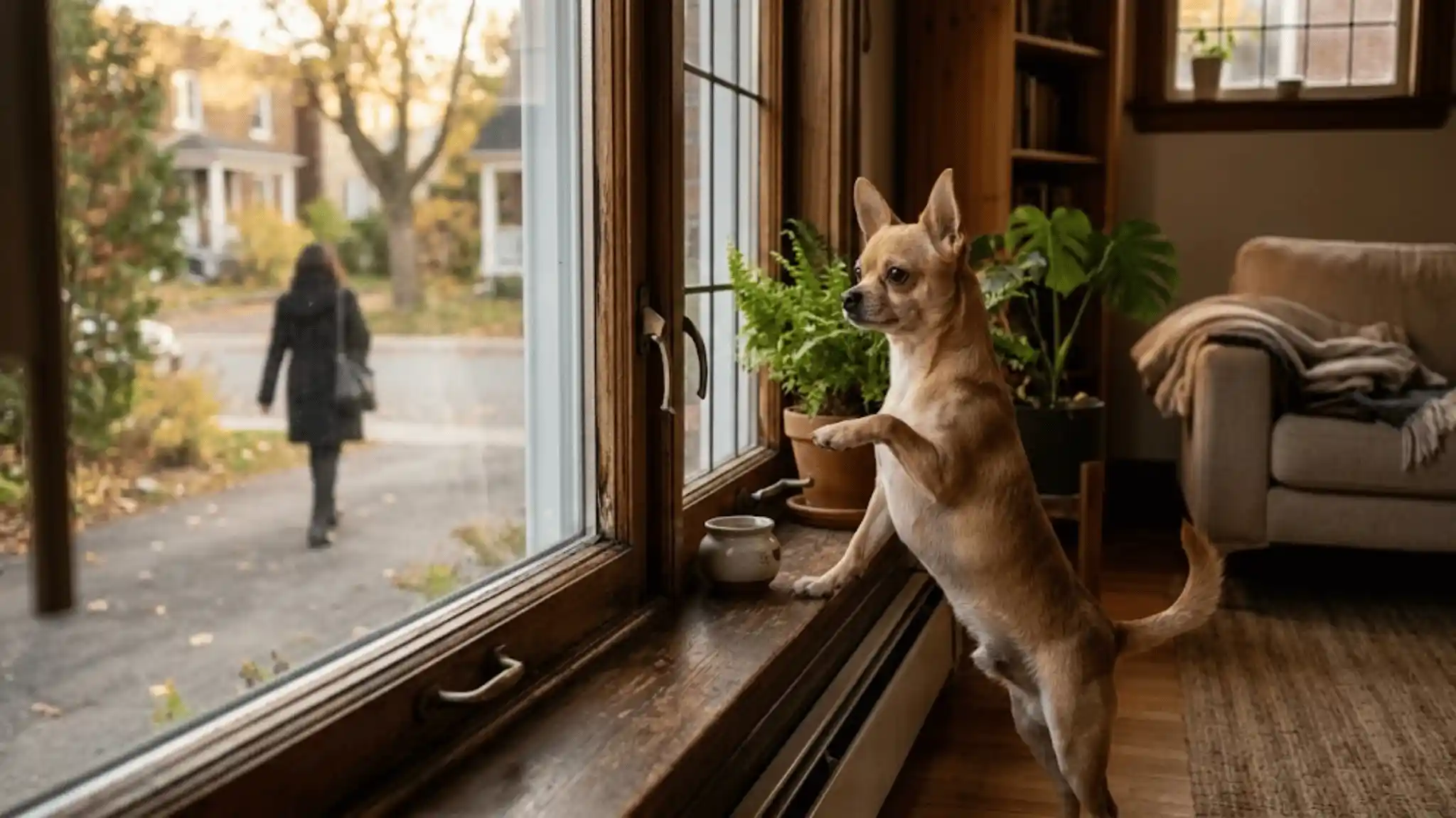small Chihuahua watching owner leave through the window, separation anxiety