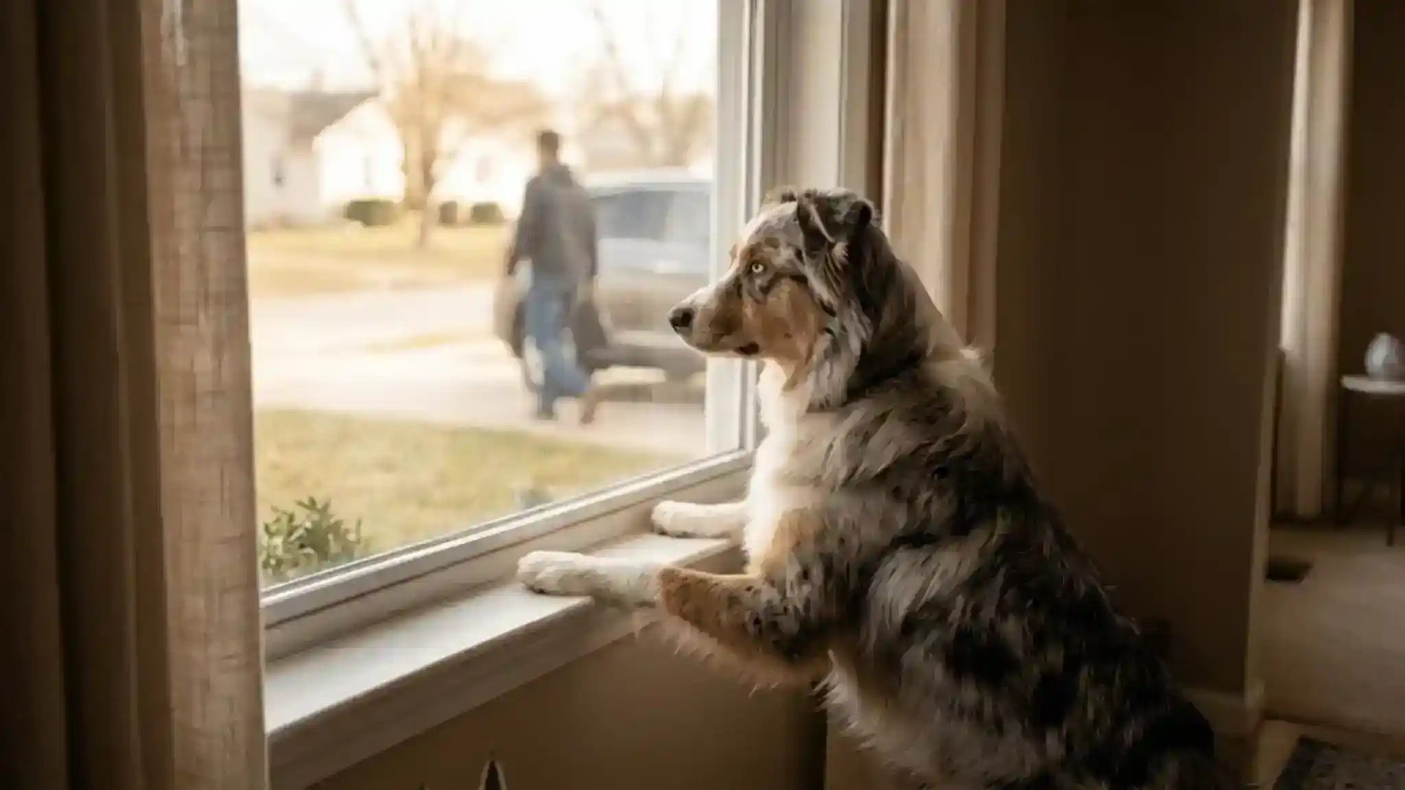 Australian Shepherd watching owner leave through the window, separation anxiety
