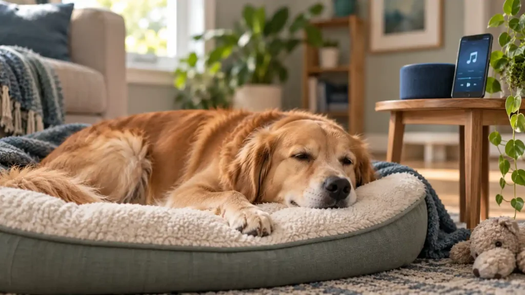 dog music for separation anxiety - relaxed dog sleeping to soft music at home alone