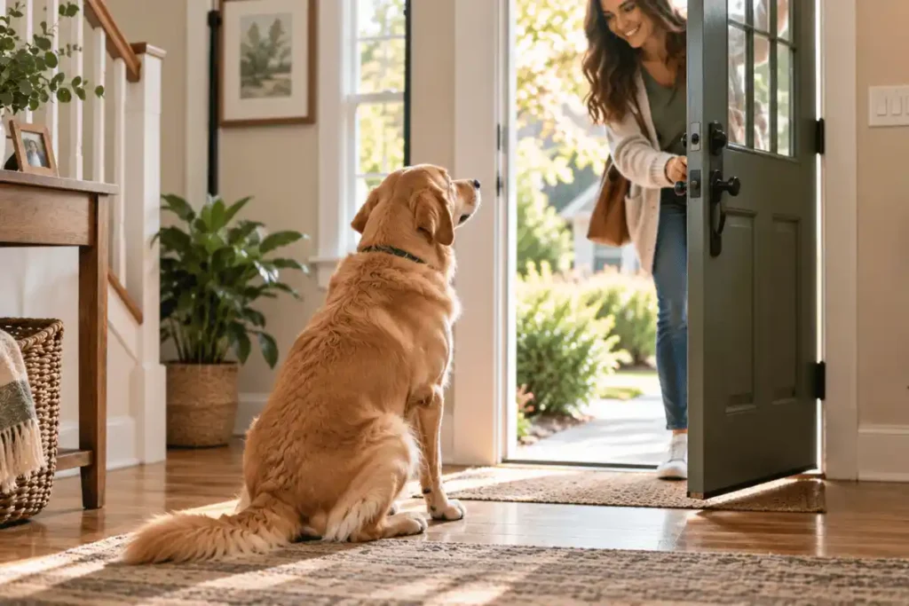 How to stop a dog from jumping on people: dog sitting calmly at the front door instead of jumping