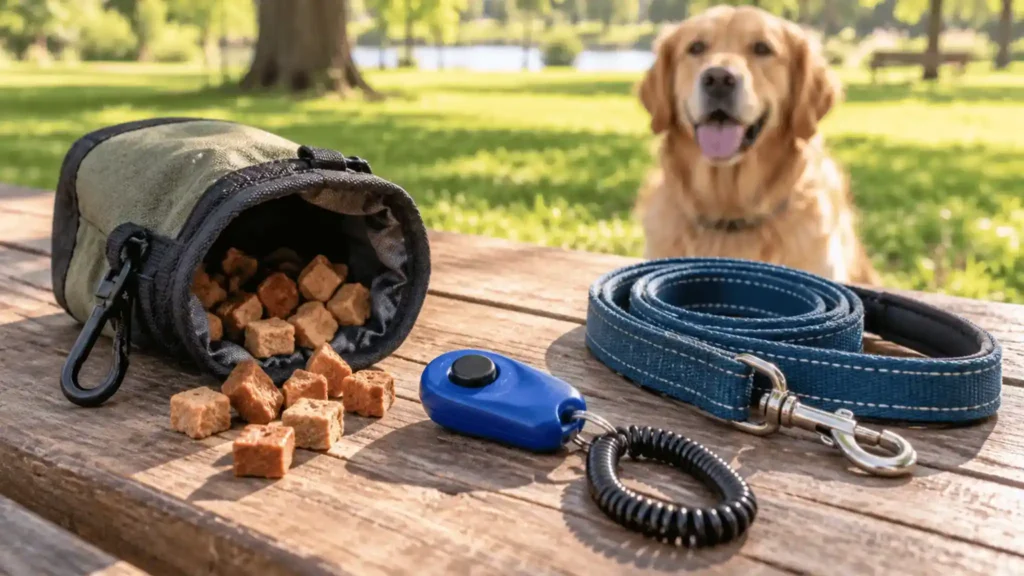 Positive reinforcement dog training essentials, a treat pouch, clicker, and leash, with a golden retriever waiting in a sunny park