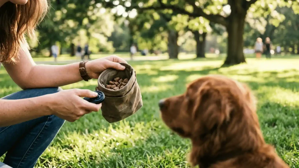 Owner using a clicker and treat pouch for positive reinforcement dog training in a park