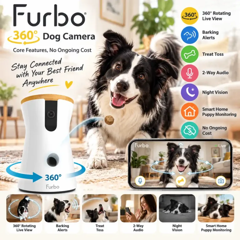 Furbo 360 dog camera tossing a treat to a happy Border Collie at home