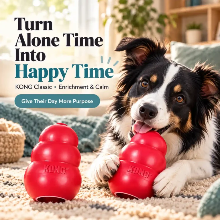 Border Collie chewing a red KONG Classic toy on a cozy rug