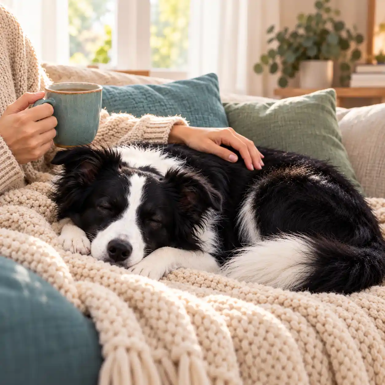 Milo resting on a cozy blanket while his owner gently pets him