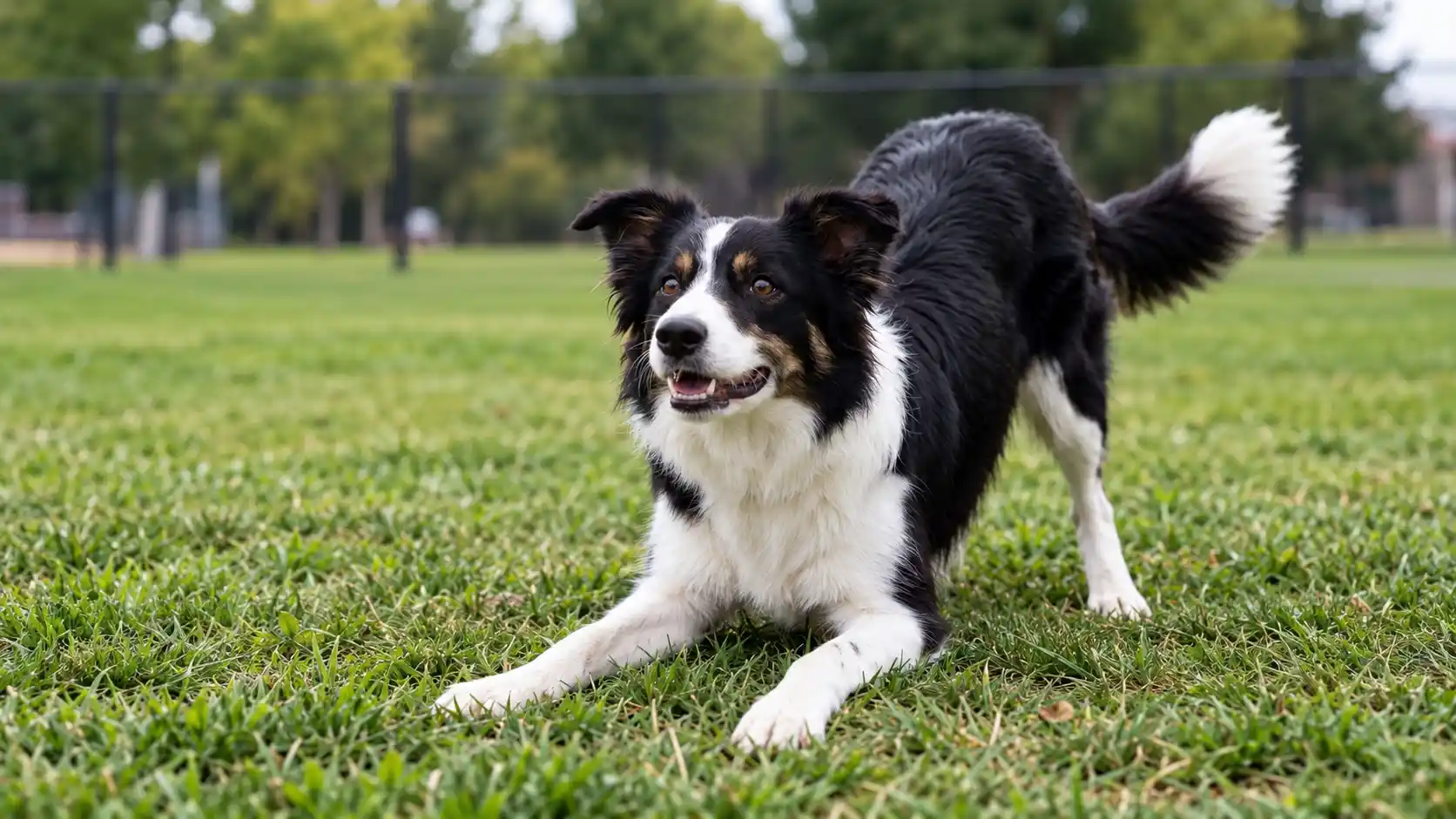 Milo, the rescue dog behind PetCalmZone, in a playful bow on the grass