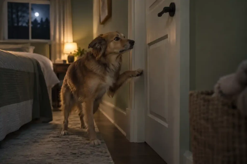 Signs of separation anxiety in dogs at night: dog pawing at bedroom door after dark