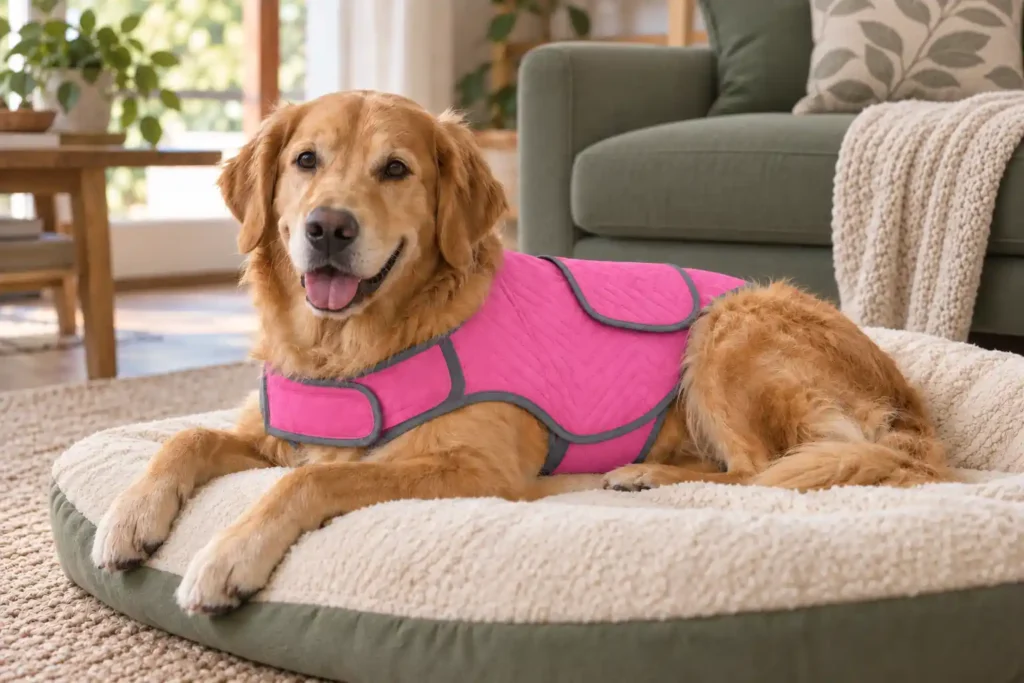 Dog wearing a thunder shirts for dogs to reduce anxiety