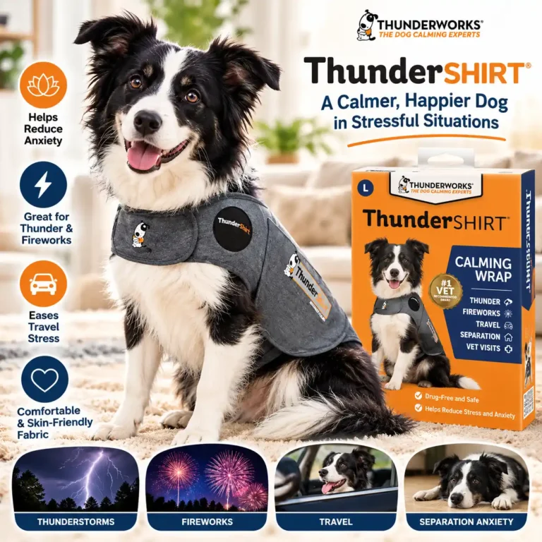 Border Collie wearing a gray ThunderShirt calming vest next to the product box
