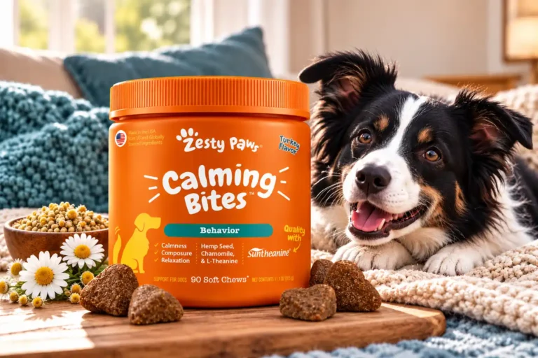 Zesty Paws Calming Bites jar with soft chews and chamomile next to a relaxed Border Collie