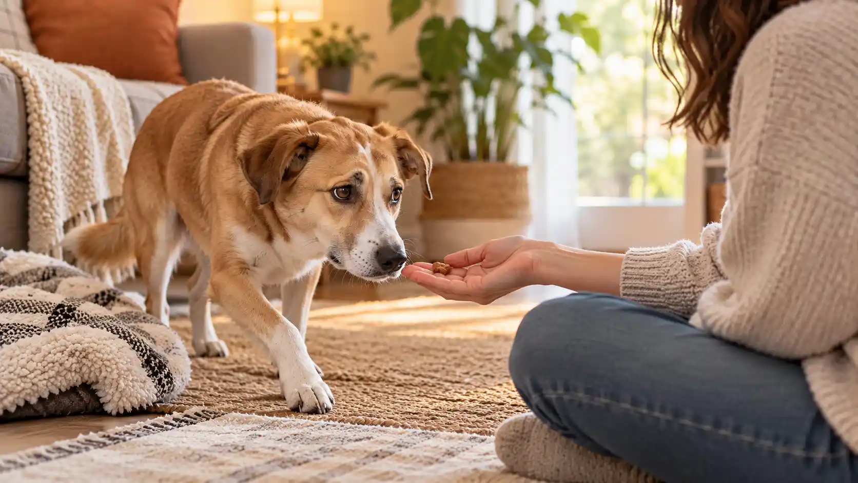 Scared rescue dog cautiously approaching its owner for a treat