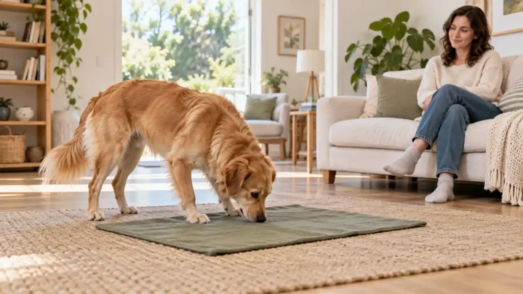 Dog sniffing a sage mat while its owner sits nearby in a quiet living room