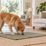 Dog sniffing a sage mat while its owner sits nearby in a quiet living room
