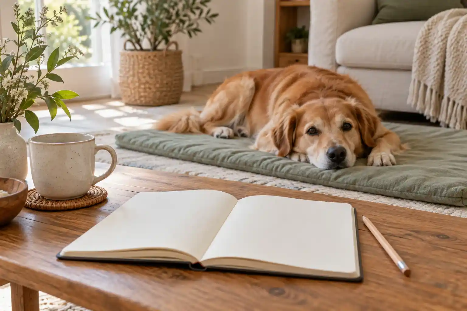 Blank notebook and pencil on a table with a dog resting on a sage mat behind it
