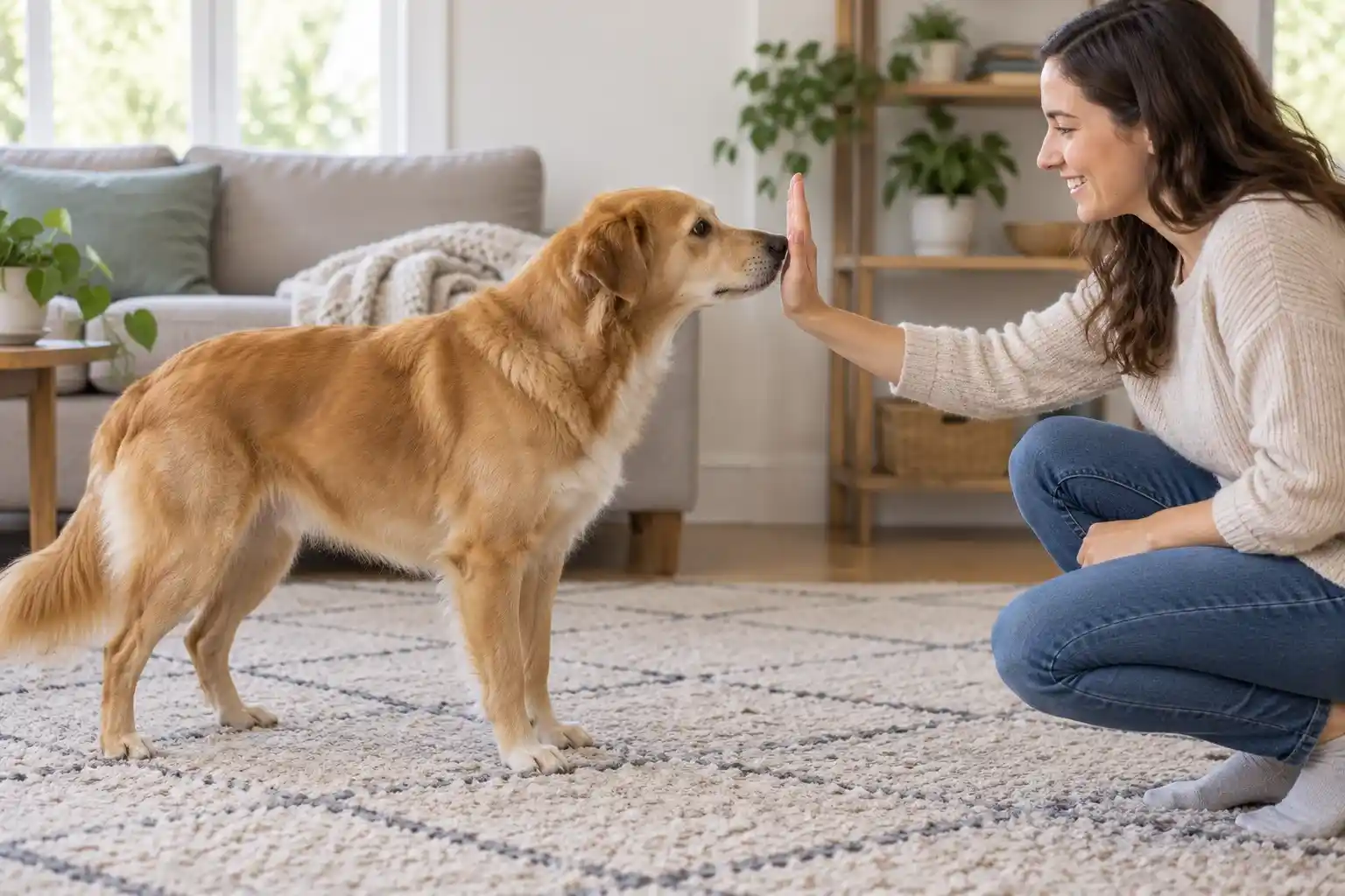 Dog touching an open hand with its nose during a training exercise