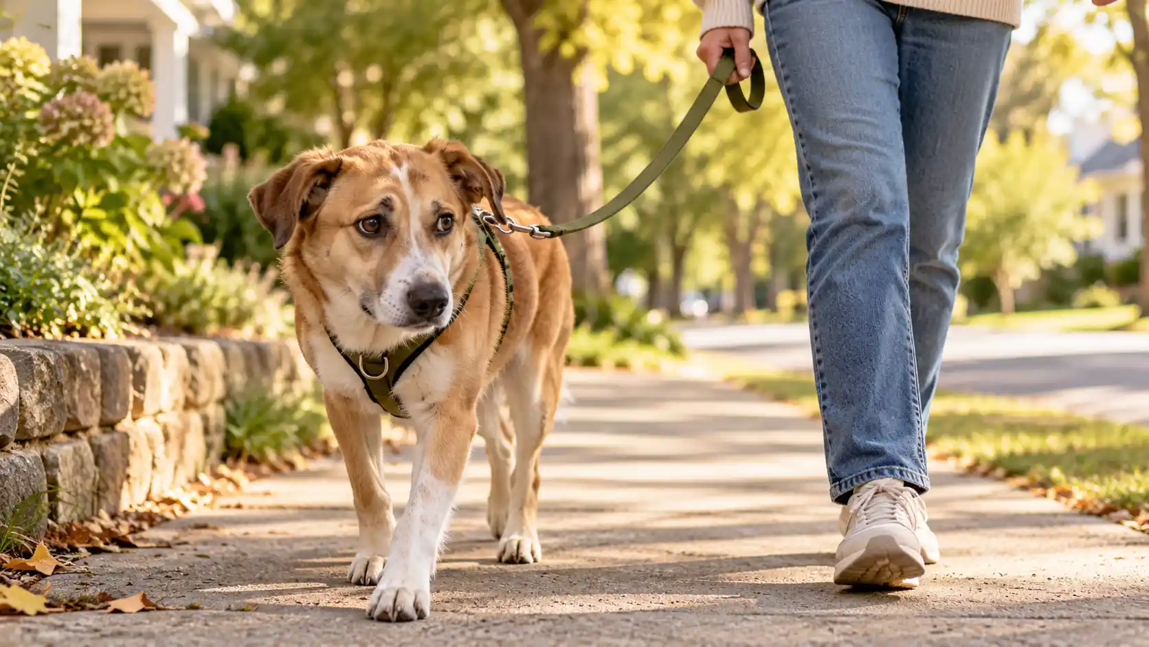 Fearful rescue dog walking on a quiet neighborhood sidewalk with its owner