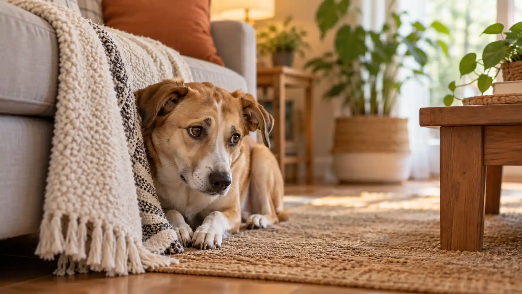 Newly adopted rescue dog hiding beside a couch in a calm home