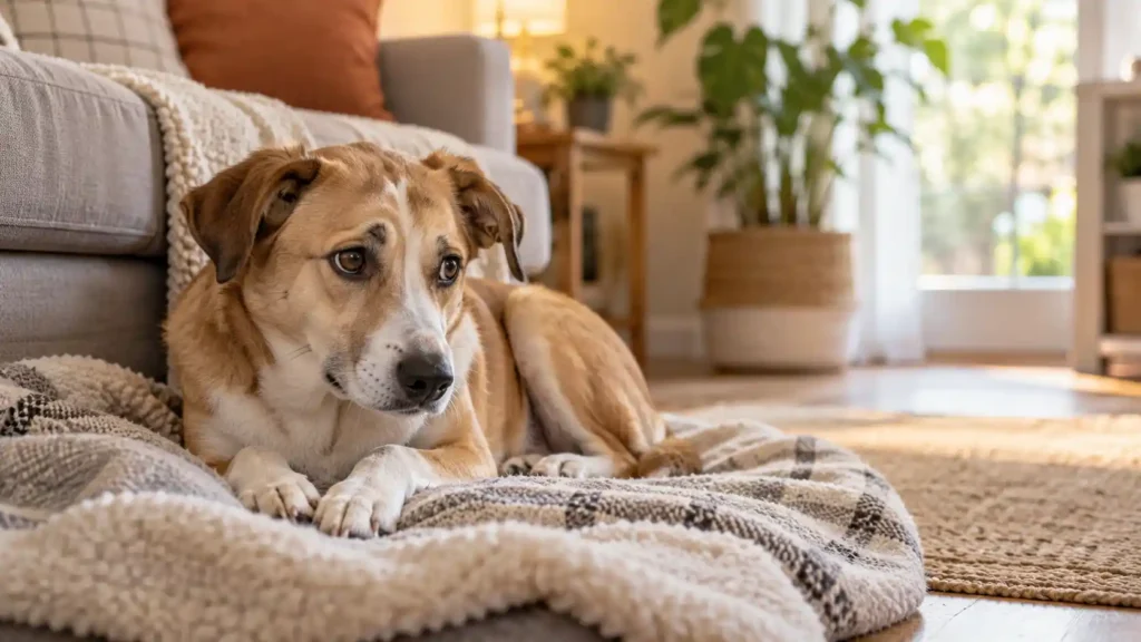 Scared rescue dog resting cautiously on a soft blanket in a quiet living room