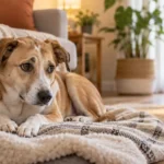 Scared rescue dog resting cautiously on a soft blanket in a quiet living room